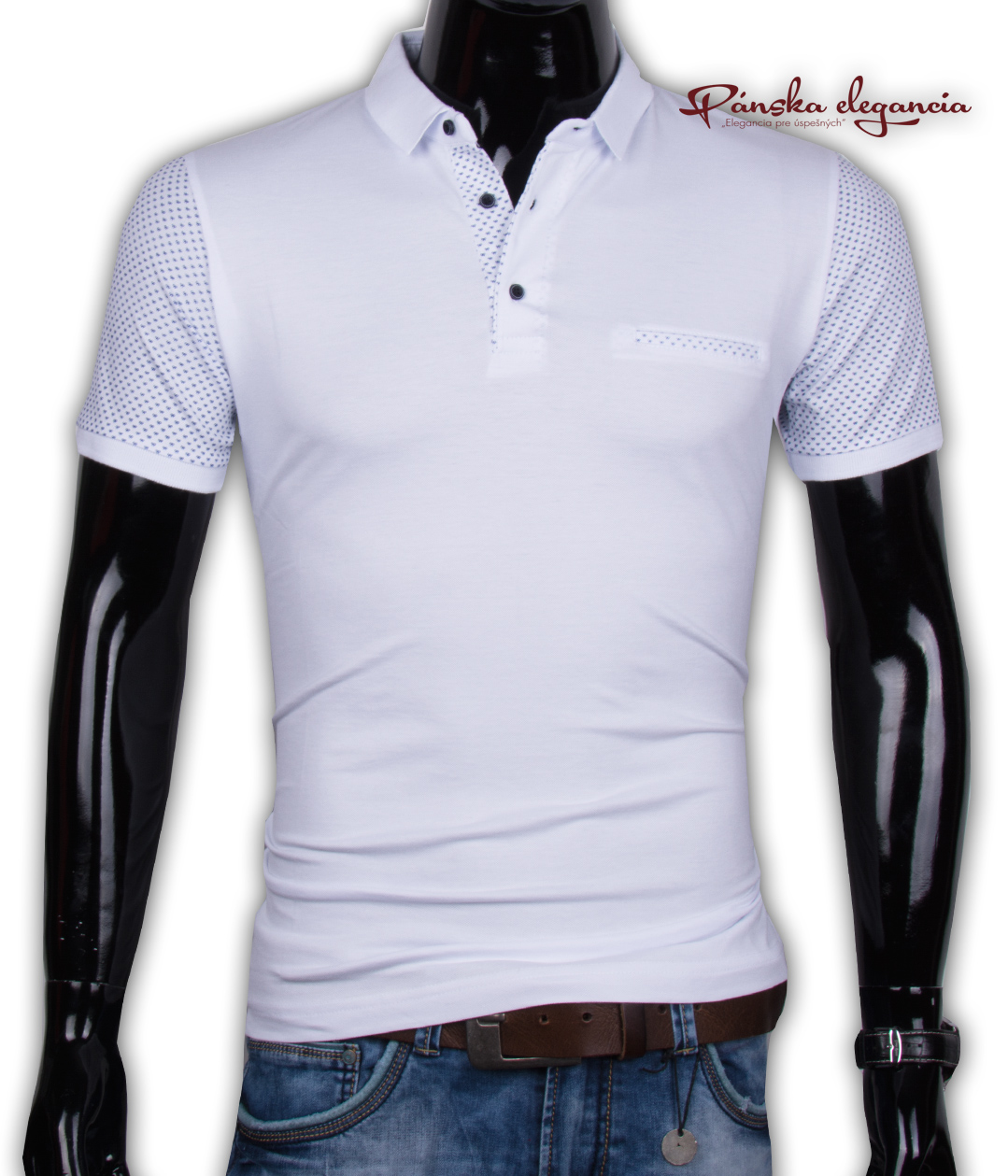 11052-11 Trendové biele pánske polo tričko EXPOMAN