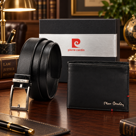 Darčekový set Pierre Cardin PCN 9  – kožená peňaženka čierny opasok 