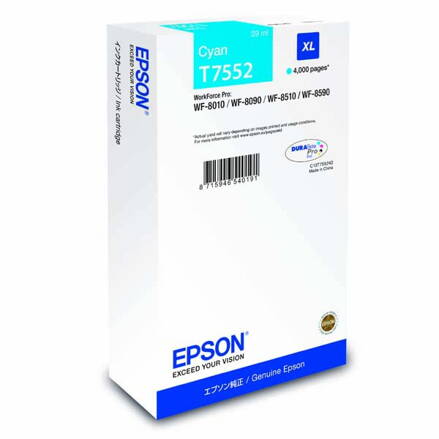 Epson originál ink C13T755240, T7552, XL, cyan, 4000str., 39ml, 1ks, Epson WorkForce Pro WF-8590DWF, azurová