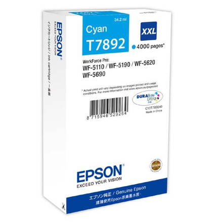 Epson originál ink C13T789240, T789, XXL, cyan, 4000str., 34ml, 1ks, Epson WorkForce Pro WF-5620DWF, WF-5110DW, WF-5690DWF, azurová