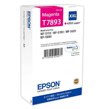 Epson originál ink C13T789340, T789, XXL, magenta, 4000str., 34ml, 1ks, Epson WorkForce Pro WF-5620DWF, WF-5110DW, WF-5690DWF, purpurová