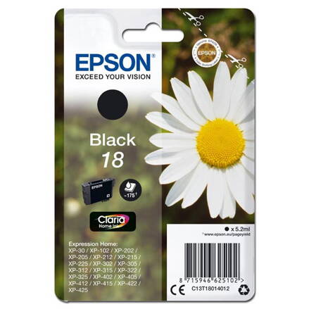 Epson originál ink C13T18014012, T180140, black, 5,2ml, Epson Expression Home XP-102, XP-402, XP-405, XP-302, čierna