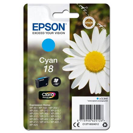 Epson originál ink C13T18024012, T180240, cyan, 3,3ml, Epson Expression Home XP-102, XP-402, XP-405, XP-302, azurová