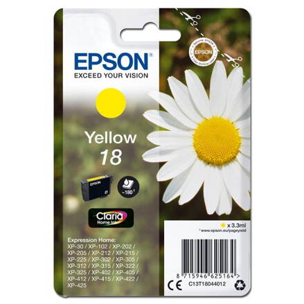 Epson originál ink C13T18044012, T180440, yellow, 3,3ml, Epson Expression Home XP-102, XP-402, XP-405, XP-302, žltá