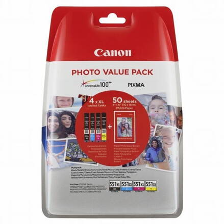 Canon originál ink CLI-551XL C/M/Y/BK Photo Paper Value Pack, CMYK, blister, 6443B006, Canon Pixma iP7250,iP8750,iX6850,MG5450,MG5