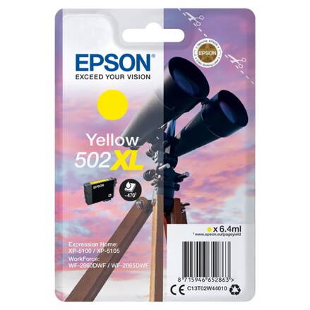 Epson originál ink C13T02W44010, 502XL, T02W440, yellow, 470str., 6.4ml, Epson XP-5100, XP-5105, WF-2880dwf, WF2865dwf, žltá