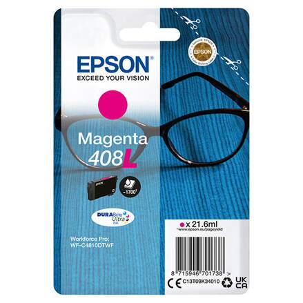 Epson originál ink C13T09K34010, T09K340, 408L, magenta, 21.6ml, Epson WF-C4810DTWF, purpurová