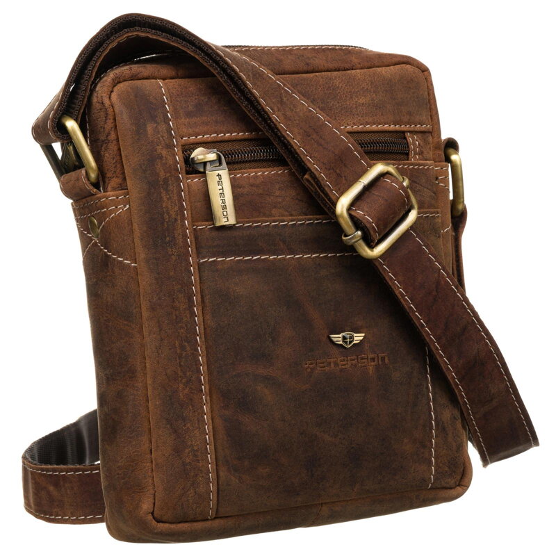 Pánska kožená crossbody taška v hnedej farbe so zlatými detailmi – Peterson  Pánska kožená crossbody taška v hnedej farbe so zlatými detailmi – Peterson