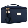 Tmavomodrá dámska kozmetická taštička z textilného materiálu s praktickým pútkom