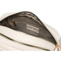 Malá béžová dámska crossbody taška z ekologickej kože so zlatými detailmi, dvomi popruhmi a príveskom – Peterson
