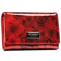 Lakierowany, czerwony portfel damski w kwiaty wykonany ze skóry naturalnej i ekologicznej zamykany na zatrzask - Peterson
