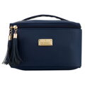 Tmavomodrá dámska kozmetická taštička z textilného materiálu s praktickým pútkom