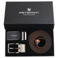 Uniwersalny, czarno-brązowy, dwustronny pasek męski ze skóry naturalnej w zestawie z wymiennymi klamrami - Peterson