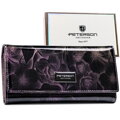 Elegancki, lakierowany, fioletowy portfel damski w kwiaty RFID STOP Peterson