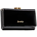 Czarny portfel damski z lakierowanej skóry naturalnej zamykany na zatrzask i bigiel - Rovicky