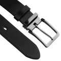 Pasek męski ze skóry ekologicznej w czarnym kolorze, zakończony srebrną, klasyczną klamrą