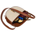 Béžovo-hnedá dámska crossbody taška z prírodnej kože a canvas plátna – polkruhový tvar Peterson