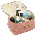 Ružová prešívaná dámska kozmetická taštička z textilného materiálu na zips