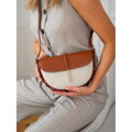 Béžovo-hnedá dámska crossbody taška z prírodnej kože a canvas plátna – polkruhový tvar Peterson