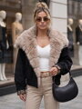 Čierna krátka semišová dámska bunda s kožušinou TY5842