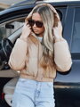 Béžová krátka zimná dámska bunda s kapucňou TY5471
