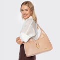 Dámska shopper kabelka z ekologickej kože béžová s ozdobným pásikom 101-4Y-424-9