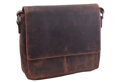 Pánska crossbody taška z tmavohnedej brúsenej kože s vintage vzhľadom a nastaviteľným popruhom. Vhodná pre formát A4 a tablet.