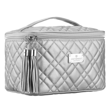 Strieborná prešívaná dámska kozmetická taštička z textilného materiálu na zips Strieborná prešívaná dámska kozmetická taštička z textilného materiálu na zips