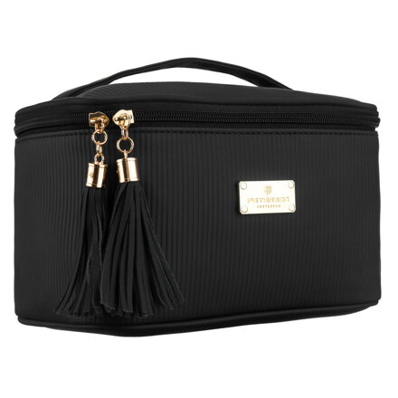 Čierna dámska kozmetická taštička z textilného materiálu s praktickým pútkom Čierna dámska kozmetická taštička z textilného materiálu s praktickým pútkom