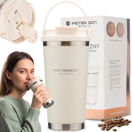 Praktyczny kubek termiczny ze stali nierdzewnej w kolorze ecru z praktycznym uchwytem, pojemność 560ml - Peterson