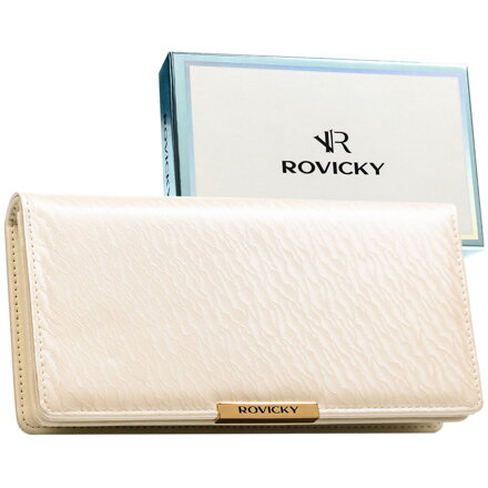 Duży portfel damski ze skóry ekologicznej w kolorze ecru, zamykany na zatrzask - Rovicky