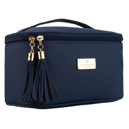 Tmavomodrá dámska kozmetická taštička z textilného materiálu s praktickým pútkom Tmavomodrá dámska kozmetická taštička z textilného materiálu s praktickým pútkom