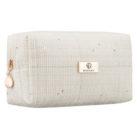 Pojemna kosmetyczka damska wykonana z materiału syntetycznego w beżowym kolorze, zamykana suwakiem - Rovicky