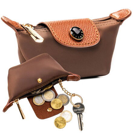 Hnedá kľúčenka Peterson z polyesteru a ekokože na zips a patent