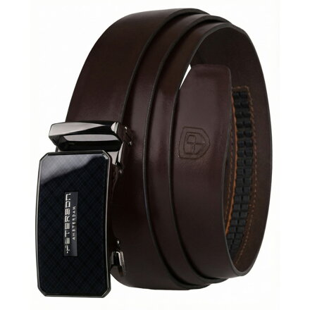 Skórzany pasek męski w ciemnobrązowym kolorze z automatyczną, czarną klamrą - Peterson