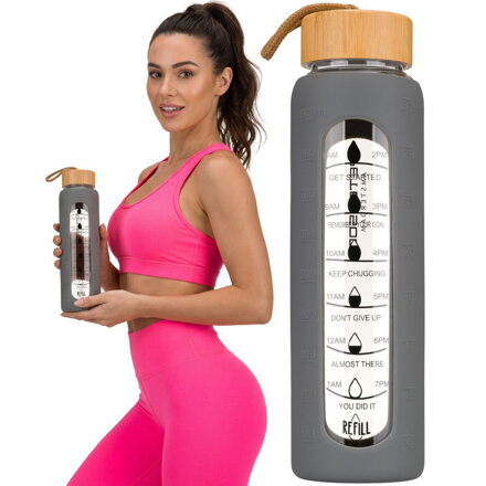 Szklana butelka na wodę z miarką motywacyjną i szarą silikonową osłoną 960ml - Peterson