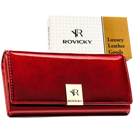 Duży portfel damski z lakierowanej skóry naturalnej w czerwonym kolorze zamykany na zatrzask - Rovicky