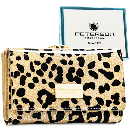 Złoty portfel damski ze skóry ekologicznej i naturalnej w cętki, zamykany biglem i zatrzaskiem - Peterson