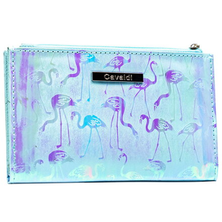 Duży portfel damski wykonany ze skóry ekologicznej w błękitnym kolorze ze wzorem we flamingi - 4U Cavaldi