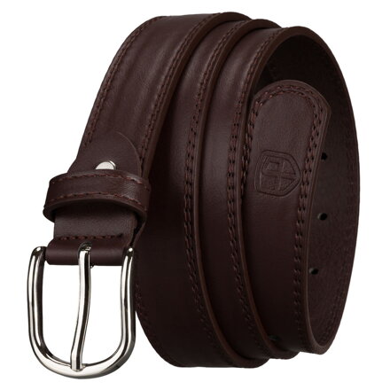 Úzky dámsky opasok z ekologickej kože v hnedej farbe so striebornou prackou Peterson