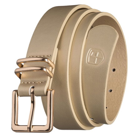 Béžový úzky dámsky opasok z ekologickej kože so zlatou prackou