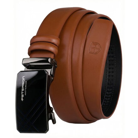 Pasek męski w jasnobrązowym kolorze wykonany ze skóry naturalnej z automatyczną, czarną klamrą - Peterson