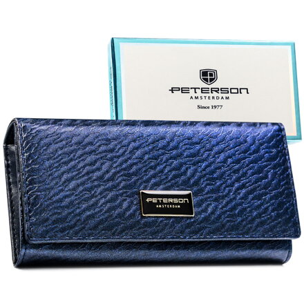 Portfel damski w kolorze niebieskim zamykany na zatrzask, w środku kieszonka na suwak - Peterson