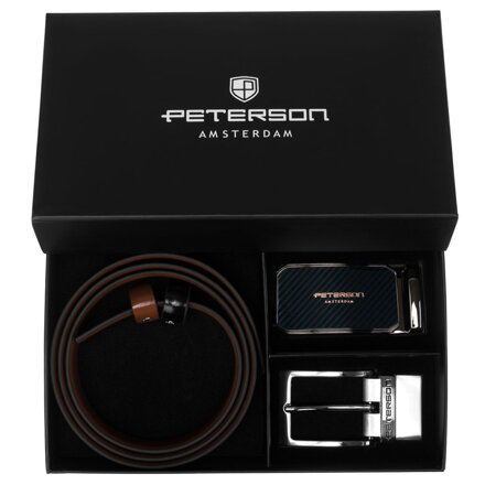 Zestaw prezentowy: dwustronny pasek skórzany w jasnobrązowym i czarnym kolorze - Peterson