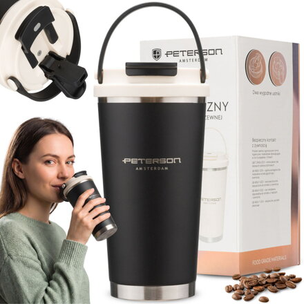 Czarny, praktyczny kubek termiczny ze stali nierdzewnej z praktycznym uchwytem, pojemność 560ml - Peterson
