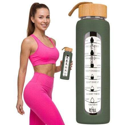 Szklana butelka na wodę bidon motywacyjna miarka godzinowa silikonowa osłona 960ml zielona - Peterson