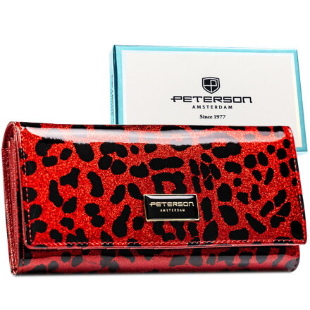 Duży portfel damski ze skóry ekologicznej i naturalnej w czerwonym kolorze zamykany zatrzaskiem - Peterson