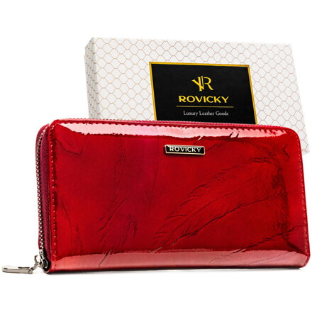 Duży portfel damski na suwak czerwony lakierowany ze skóry naturalnej i ekologicznej  RFID STOP - Rovicky