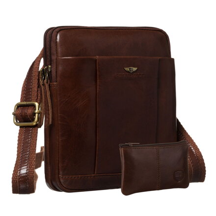 Dvojkomorová pánska hnedá kožená taška cez plece – kompaktná elegancia pre mestský štýl