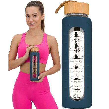 Motywacyjna butelka na wodę szklana pojemna 960ml z silikonową osłoną granatowa bidon - Peterson